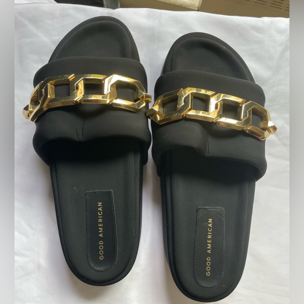 Sz 12 Good American Black and Gold Chain Slide Sandals - Picture 13 of 16